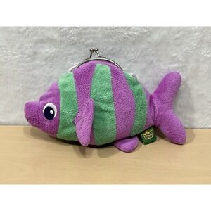 Wild Republic Purple Green Fish Plush Coin Purse Kiss Lock Clasp 8"